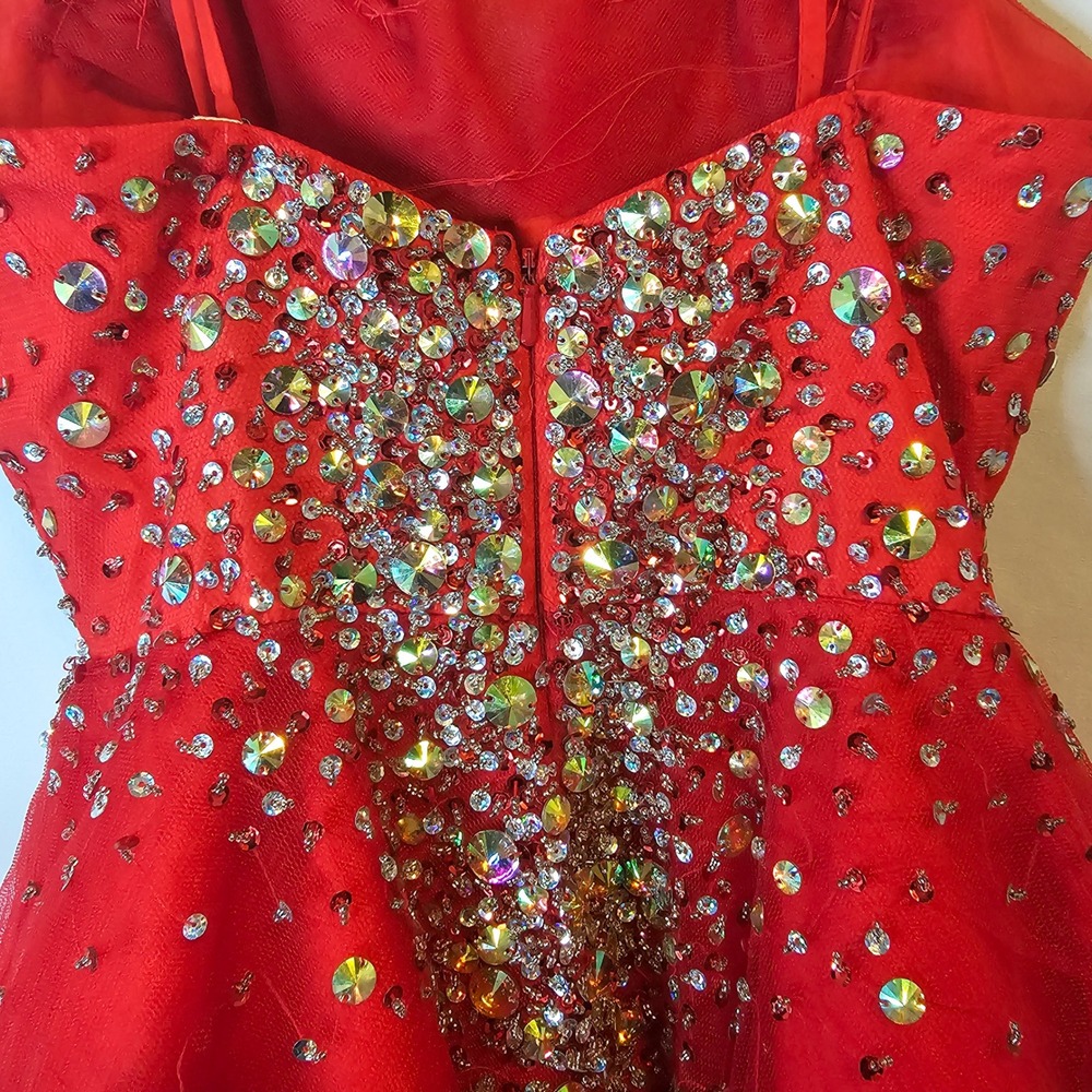 Terani Couture Rhinestone Tulle Cocktail Dress Womens Red Homecoming Prom Glam 0 - Picture 8 of 13